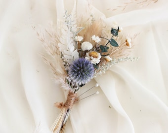 Dusty Blue Thistle Boutonniere / Eucalyptus greenery with touch of neutral dried flowers