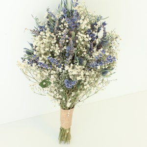 Lavender Blue Thistle Bouquet Wedding / Babies breath bouquet with eucalyptus leaves / Dry lavender Bridesmaid bouquet / Rustic bouquet image 6