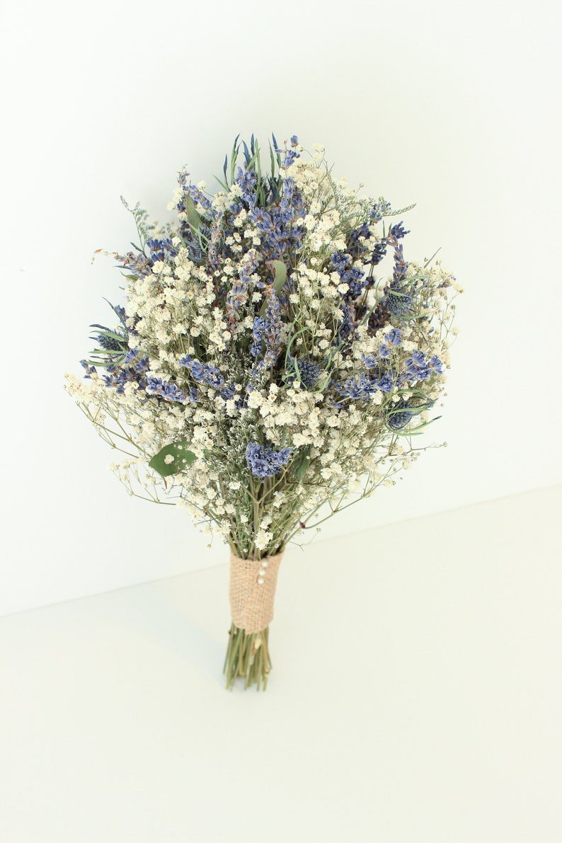 Lavender Blue Thistle Bouquet Wedding / Babies breath bouquet with eucalyptus leaves / Dry lavender Bridesmaid bouquet / Rustic bouquet image 6