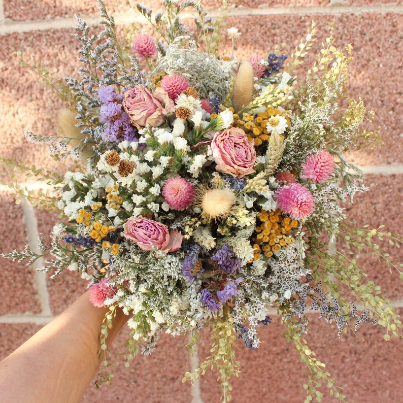 Pink Dream & Purple Wildflowers Bouquet / Spring Summer Bouquet for Wedding / Neutral bouquet with greenery and orange tones image 2