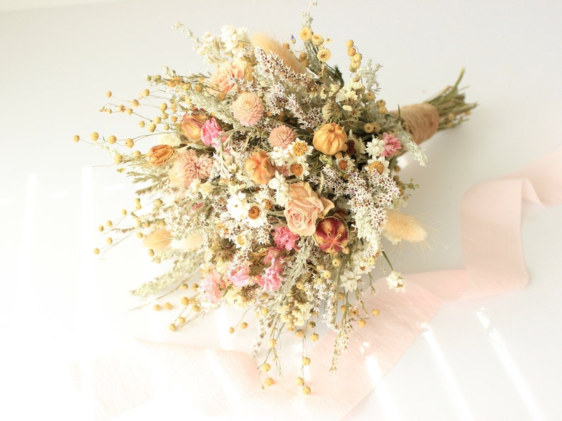 Pink Dream Peach Dried Flowers Bouquet / Preserved Daisy Rose Flowers Bouquet / Wedding Bridal bouquet / Preserved silver grey herbs Natural image 8