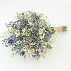 Lavender Blue Thistle Bouquet Wedding / Babies breath bouquet with eucalyptus leaves / Dry lavender Bridesmaid bouquet / Rustic bouquet image 5