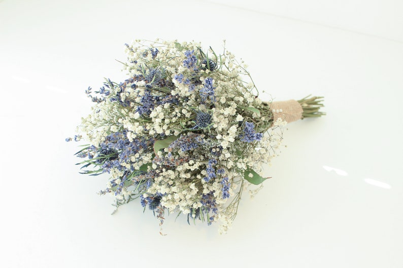 Lavender Blue Thistle Bouquet Wedding / Babies breath bouquet with eucalyptus leaves / Dry lavender Bridesmaid bouquet / Rustic bouquet image 5