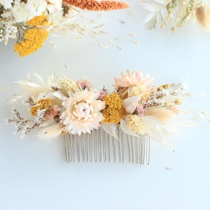 Blush Flowers Hair Comb / Natural Bridal Hair Accessory / Dry Flowers Silver comb / Bridal Hair comb / White Ivory orange tones image 4