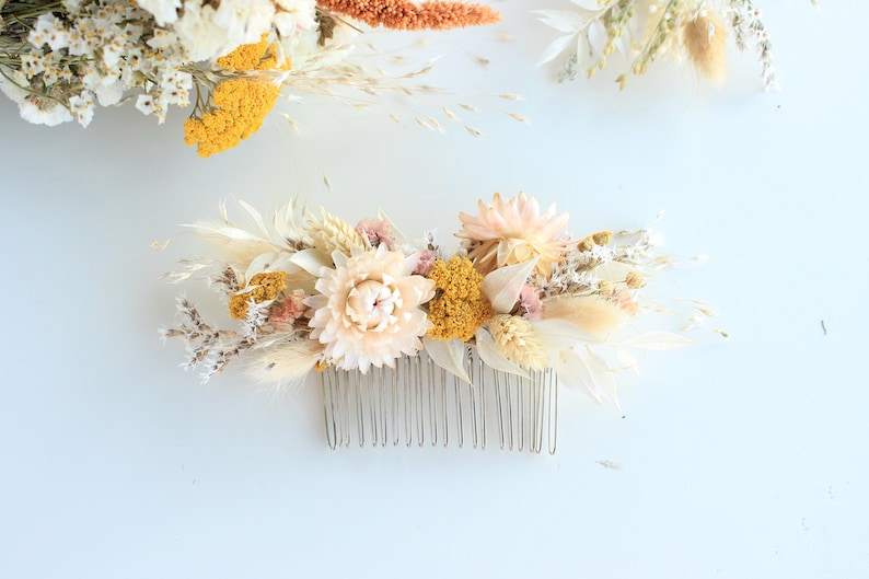 Blush Flowers Hair Comb / Natural Bridal Hair Accessory / Dry Flowers Silver comb / Bridal Hair comb / White Ivory orange tones image 4