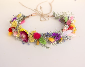 Corona de Flores Secas con Lavanda – Tocado Floral Rústico para Novia, Niñas, Sesiones de Fotos y Eventos