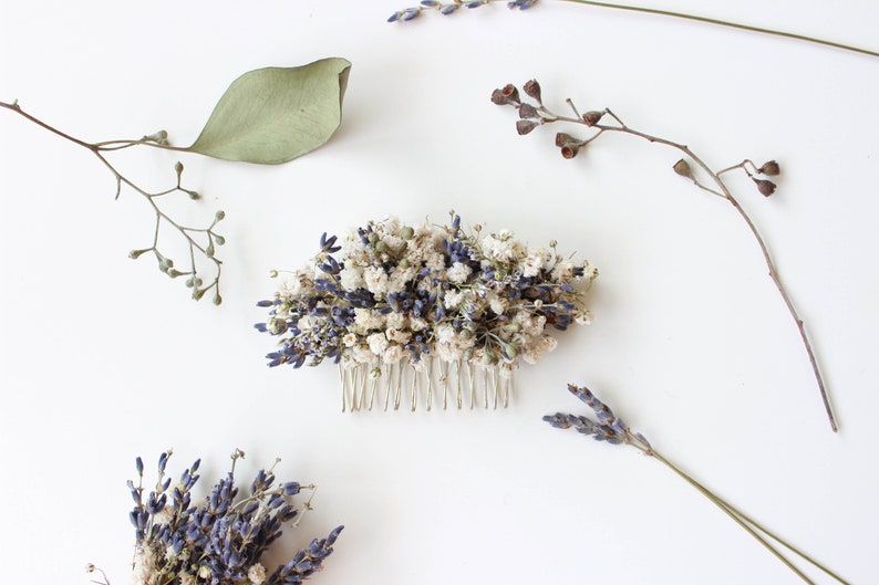 Dried Lavender Babies Breath Hair Comb / Dainty Wedding Floral Comb / Bridal Hair Accessory / Dried Flowers Hair pin clip / Gift for her image 2