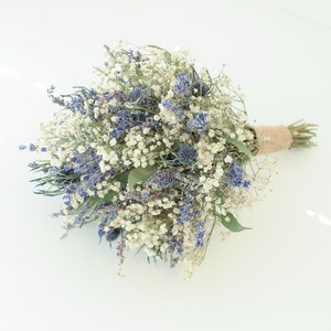 Lavender Blue Thistle Bouquet Wedding / Babies breath bouquet with eucalyptus leaves / Dry lavender Bridesmaid bouquet / Rustic bouquet image 7