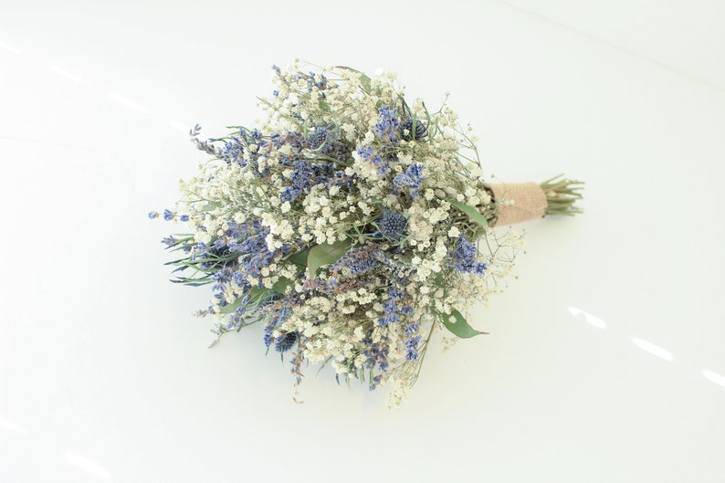 Lavender Blue Thistle Bouquet Wedding / Babies breath bouquet with eucalyptus leaves / Dry lavender Bridesmaid bouquet / Rustic bouquet image 7