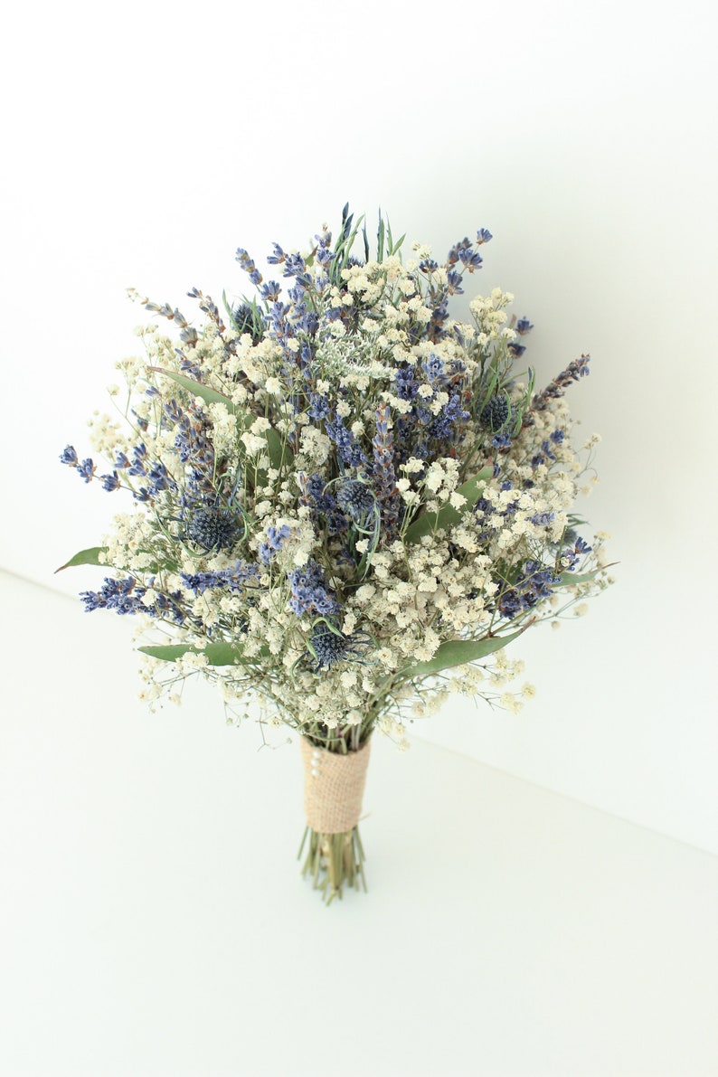 Lavender Blue Thistle Bouquet Wedding / Babies breath bouquet with eucalyptus leaves / Dry lavender Bridesmaid bouquet / Rustic bouquet image 1
