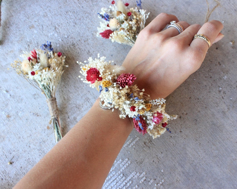 Rustic Flowers Wrist Corsage, boutonniere and hair comb Dry Flowers Wedding Set / Bridesmaid Gift / Burgundy English Lavender Combination / 