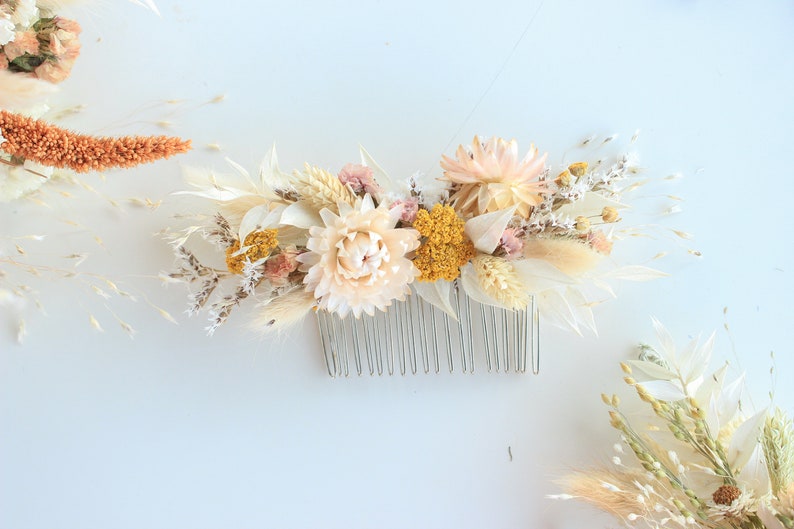 Blush Flowers Hair Comb / Natural Bridal Hair Accessory / Dry Flowers Silver comb / Bridal Hair comb / White Ivory orange tones image 5