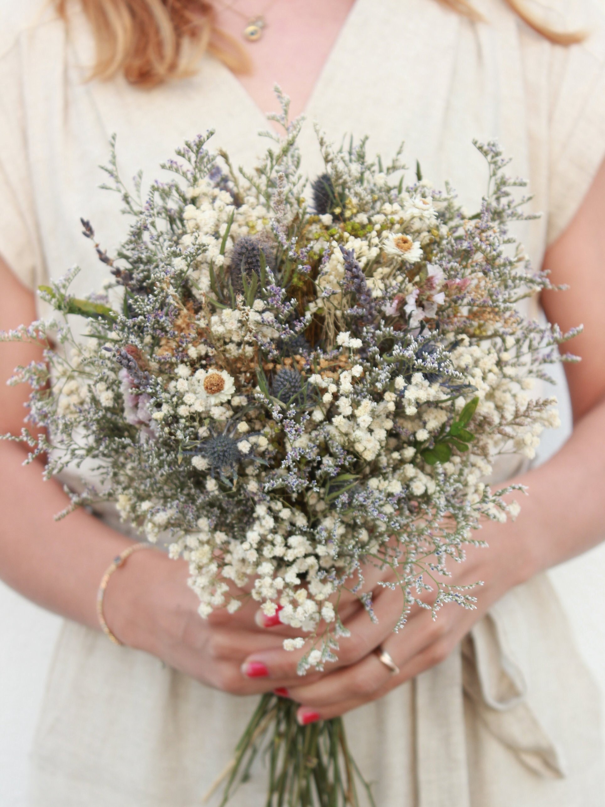 Dried Lavender Bouquet Wedding / Babies Breath Bouquet With Eucalyptus  Leaves / Bridesmaid Bouquet Greenery 