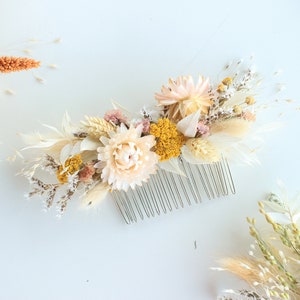 Blush Flowers Hair Comb / Natural Bridal Hair Accessory / Dry Flowers Silver comb / Bridal Hair comb / White Ivory orange tones image 6