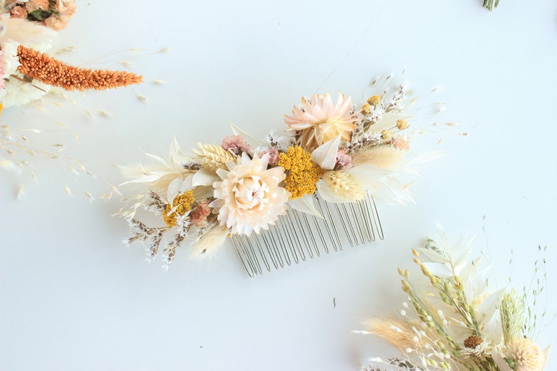 Blush Flowers Hair Comb / Natural Bridal Hair Accessory / Dry Flowers Silver comb / Bridal Hair comb / White Ivory orange tones image 6