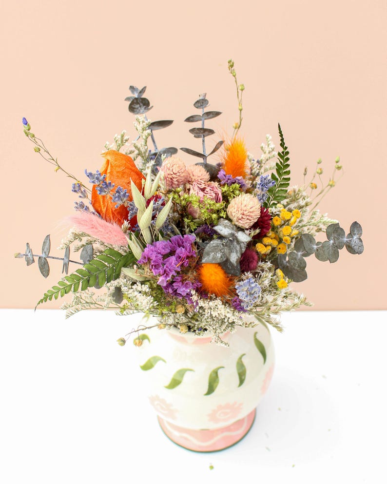 Dried Rose mixed Wildflowers Bouquet / Dried flowers Wedding bouquet / Neutral colorful bouquet with eucalyptus greenery image 5