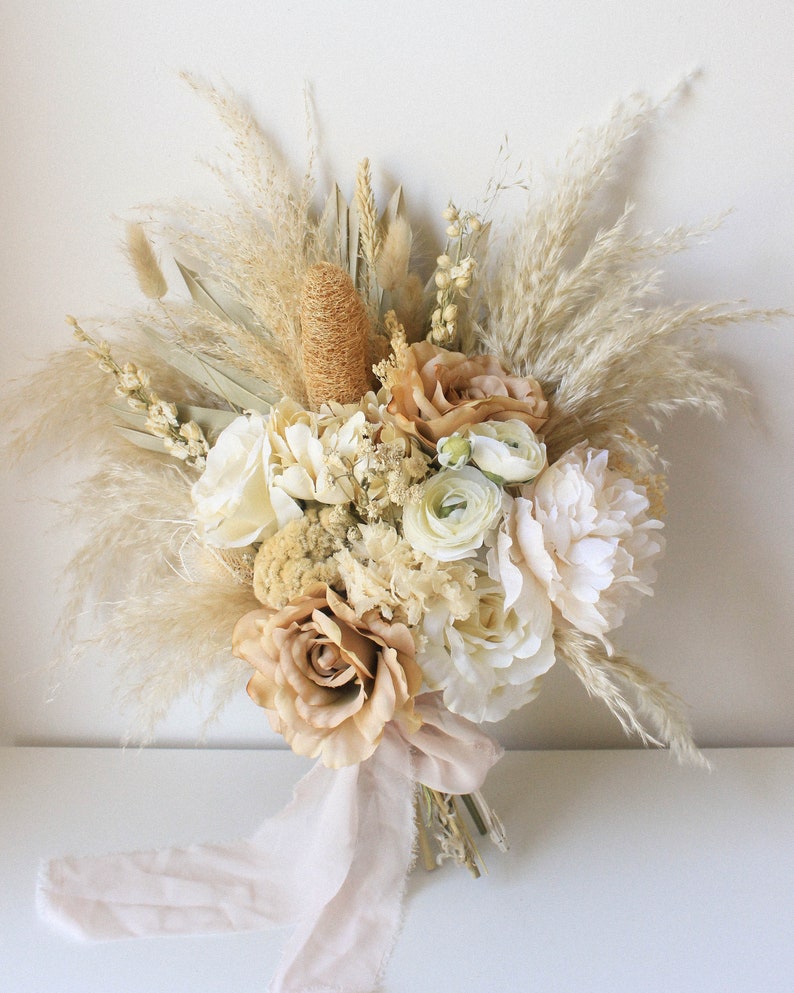 Dusty Rose Pampas Grass bouquet / Large Palm Spear bouquet / Natural Toffee wedding/ Muted earthy tones / Forever Bridal bouquet image 6