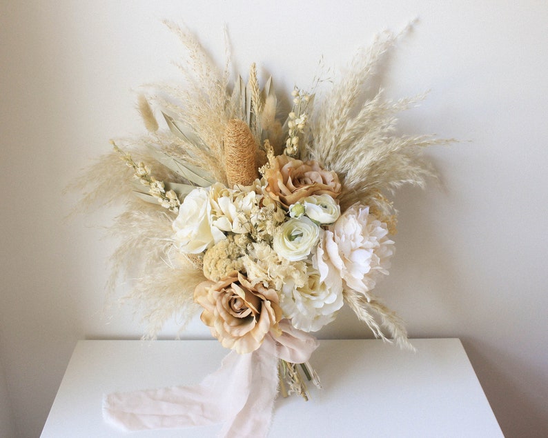 Dusty Rose Pampas Grass bouquet / Large Palm Spear bouquet / Natural Toffee wedding/ Muted earthy tones / Forever Bridal bouquet image 9