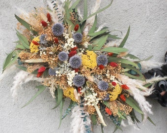 Dusty Blue Pampas Greenery Arch arrangement / Burgundy + Yellow yarrow + Eucalyptus / Dried Flowers Arch Decor