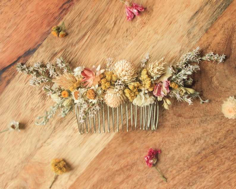 Wild flowers Hair comb / Dry flowers comb / Natural blush comb with yellow-orange flowers accent / Brides Hair Accessories image 4