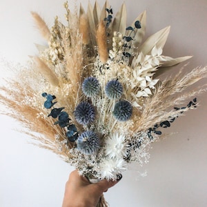 Dusty Blue White Flowers arrangement / Large Pampas Grass Palm spear bouquet / Blue Globe thistle Dusty Blue Eucalyptus Bridal Bouquet image 4