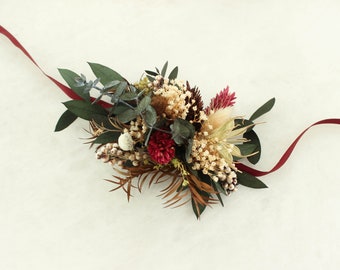 Winter Wedding Rust+Burgundy+Eucalyptus+dark greenery wrist corsage / Dried flowers Berries and leaves