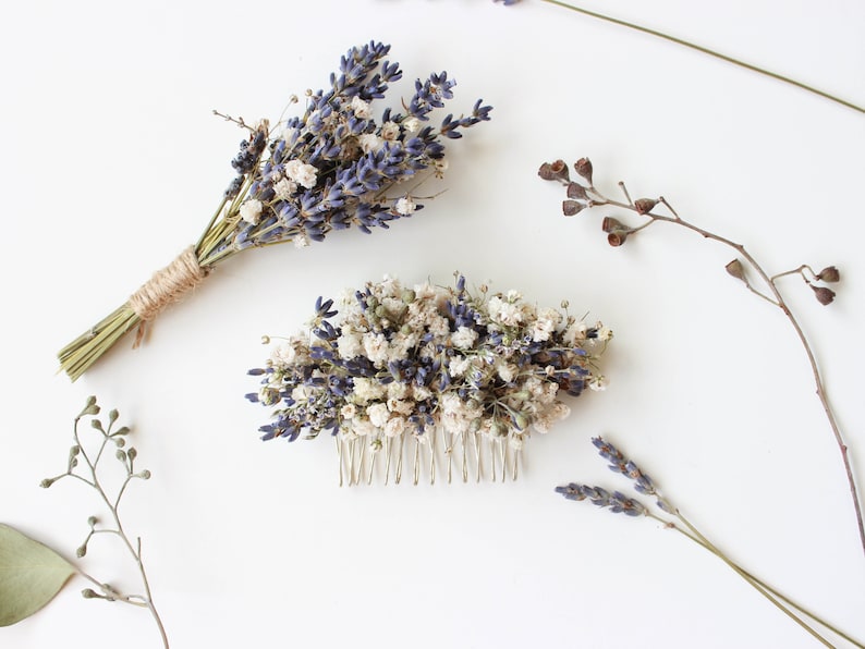 Dried Lavender Babies Breath Hair Comb / Dainty Wedding Floral Comb / Bridal Hair Accessory / Dried Flowers Hair pin clip / Gift for her image 5