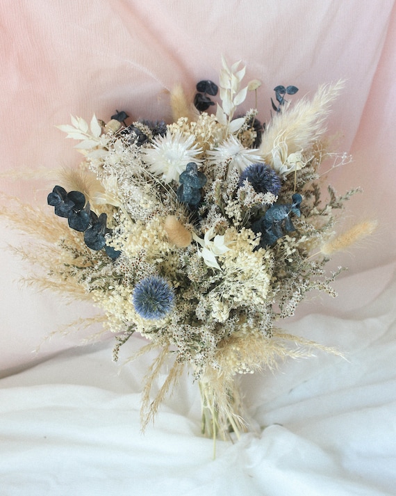 Dusty Blue Eucalyptus White Flowers Arrangement / Dried Blue Thistle Bridal  Bouquet / Pampas Grass Bouquet 