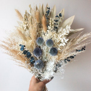 Dusty Blue White Flowers arrangement / Large Pampas Grass Palm spear bouquet / Blue Globe thistle Dusty Blue Eucalyptus Bridal Bouquet image 1