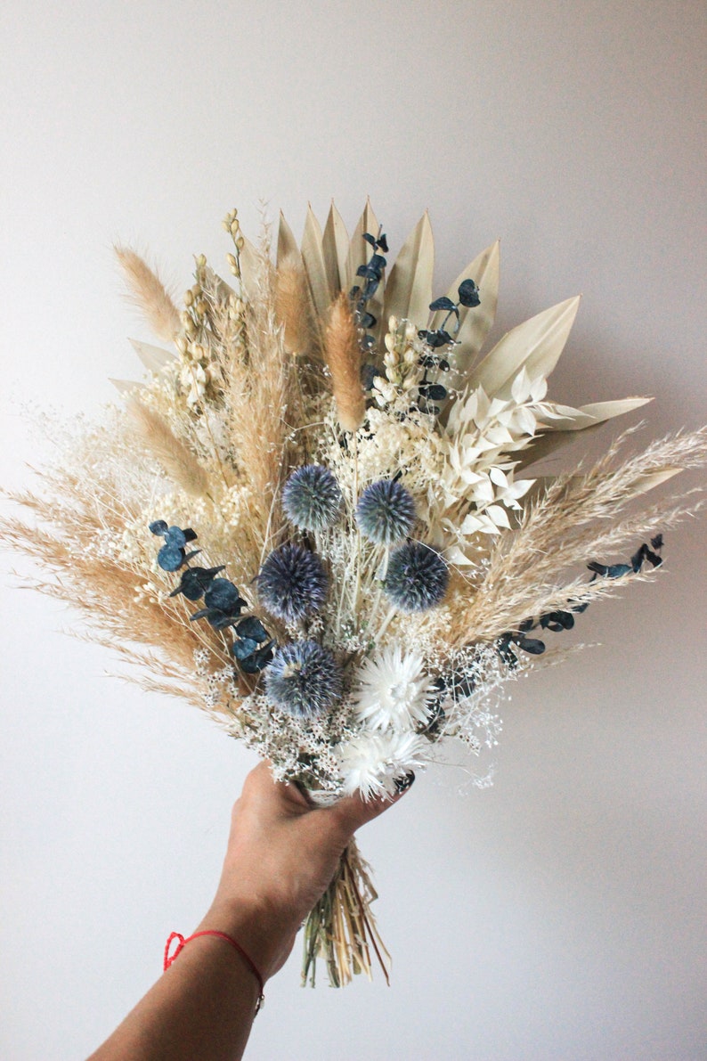 Dusty Blue White Flowers arrangement / Large Pampas Grass Palm spear bouquet / Blue Globe thistle Dusty Blue Eucalyptus Bridal Bouquet image 1