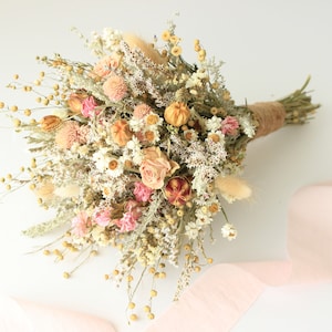 Pink Dream Peach Dried Flowers Bouquet / Preserved Daisy Rose Flowers Bouquet / Wedding Bridal bouquet / Preserved silver grey herbs Natural image 1