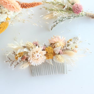 Blush Flowers Hair Comb / Natural Bridal Hair Accessory / Dry Flowers Silver comb / Bridal Hair comb / White Ivory orange tones image 2