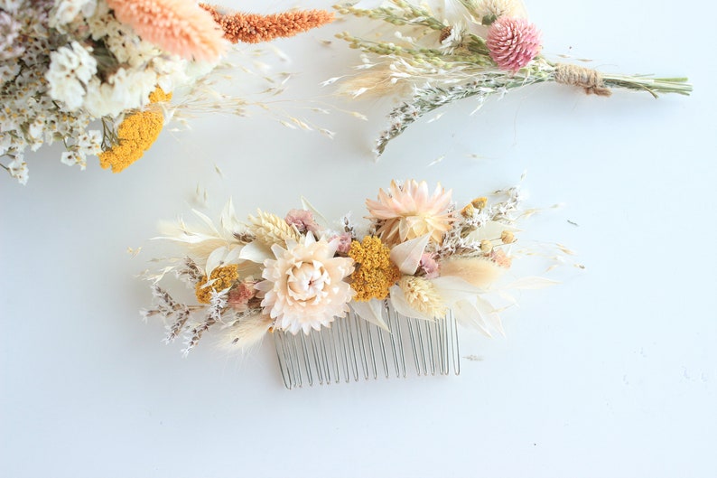 Blush Flowers Hair Comb / Natural Bridal Hair Accessory / Dry Flowers Silver comb / Bridal Hair comb / White Ivory orange tones image 2