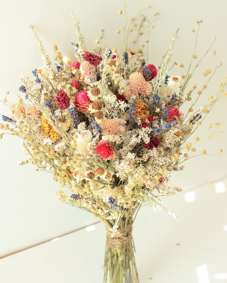 Burgundy Dream Lavender Dried Flowers Bouquet Preserved Daisy Rose Flowers Bouquet Colorful Yellow Yarrow Fall Winter Bridal bouquet
