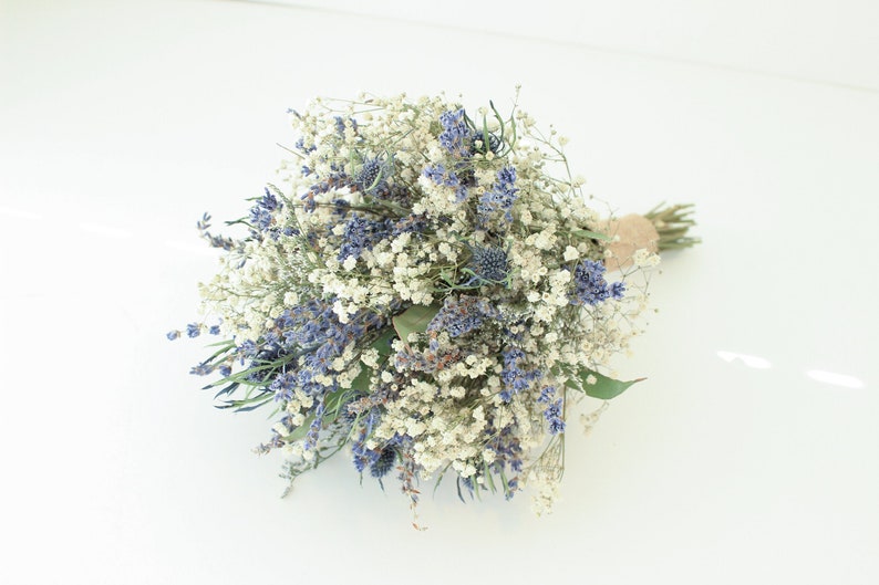 Lavender Blue Thistle Bouquet Wedding / Babies breath bouquet with eucalyptus leaves / Dry lavender Bridesmaid bouquet / Rustic bouquet image 2