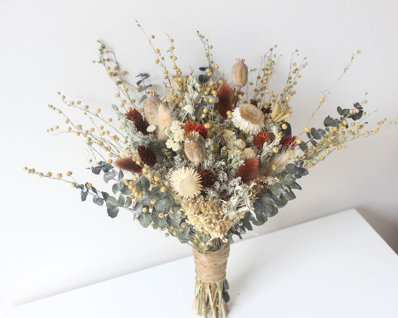 Neutral Rust tone Bridal Bouquet / Eucalyptus Greenery bouquet for Wedding / Bride and Bridesmaid bouquet / Wildflowers Grass Dried bouquet image 3