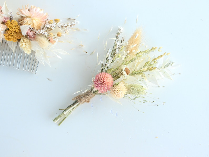 Blush Flowers Hair Comb / Natural Bridal Hair Accessory / Dry Flowers Silver comb / Bridal Hair comb / White Ivory orange tones image 3