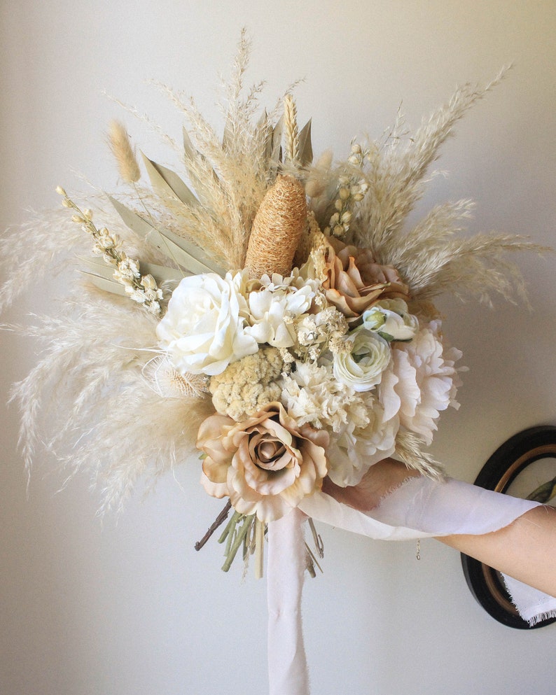 Dusty Rose Pampas Grass bouquet / Large Palm Spear bouquet / Natural Toffee wedding/ Muted earthy tones / Forever Bridal bouquet image 4