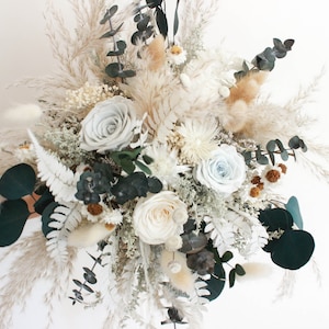 Neutral Dried Flower Bouquet: Ivory Roses, Eucalyptus & Grasses