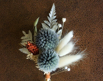 Dusty Blue Thistle Boutonniere / Double thistle boutonniere Wedding / Burnt orange White fern Boutonniere