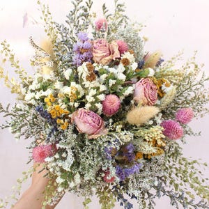 Pink Dream & Purple Wildflowers Bouquet / Spring Summer Bouquet for Wedding / Neutral bouquet with greenery and orange tones image 4
