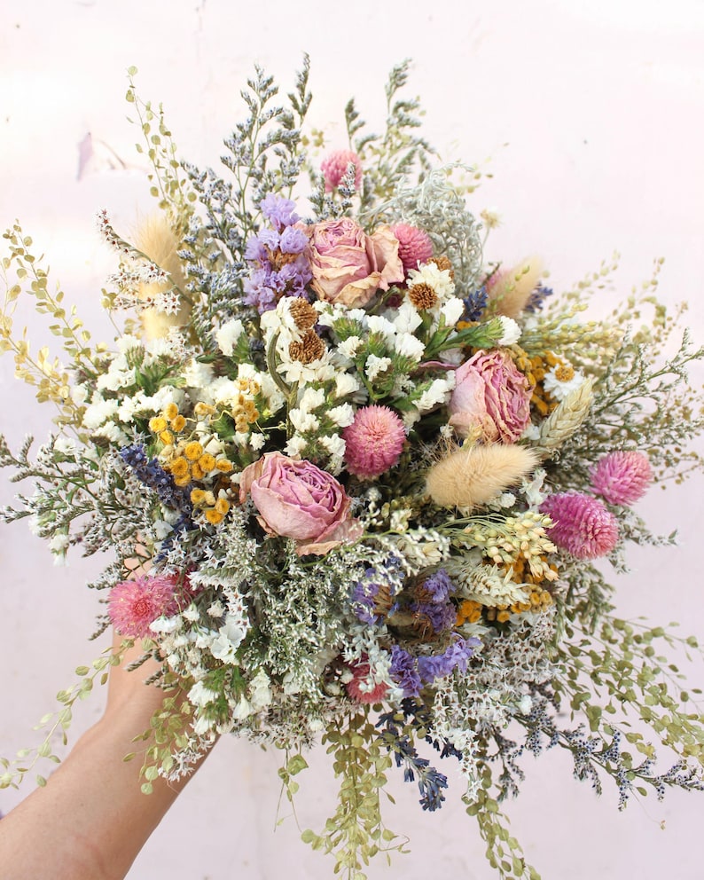 Pink Dream & Purple Wildflowers Bouquet / Spring Summer Bouquet for Wedding / Neutral bouquet with greenery and orange tones image 4
