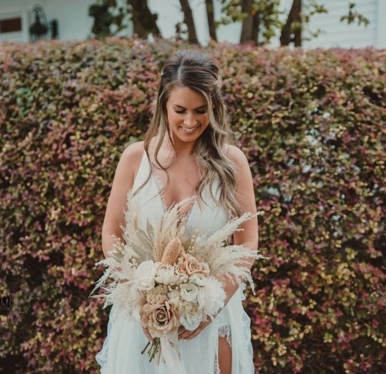 Dusty Rose Pampas Grass bouquet / Large Palm Spear bouquet / Natural Toffee wedding/ Muted earthy tones / Forever Bridal bouquet image 1