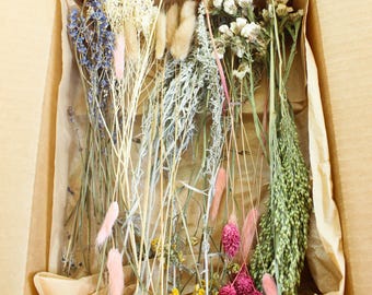 ドライフラワーボックス、キャンドル、クラフトミックス | カナリアグラス、バニーテール、ラベンダー、ミニカスミソウ