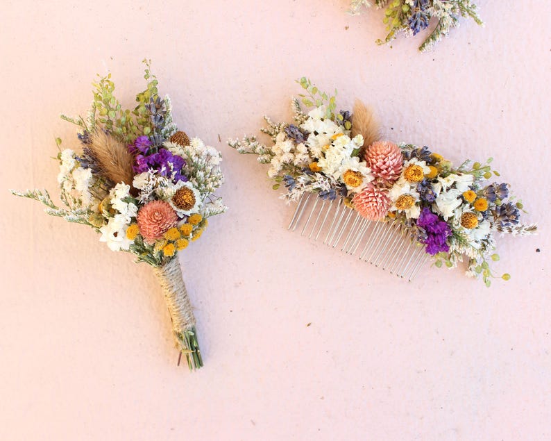 Pink Dream & Purple Wildflowers Bouquet / Spring Summer Bouquet for Wedding / Neutral bouquet with greenery and orange tones image 5