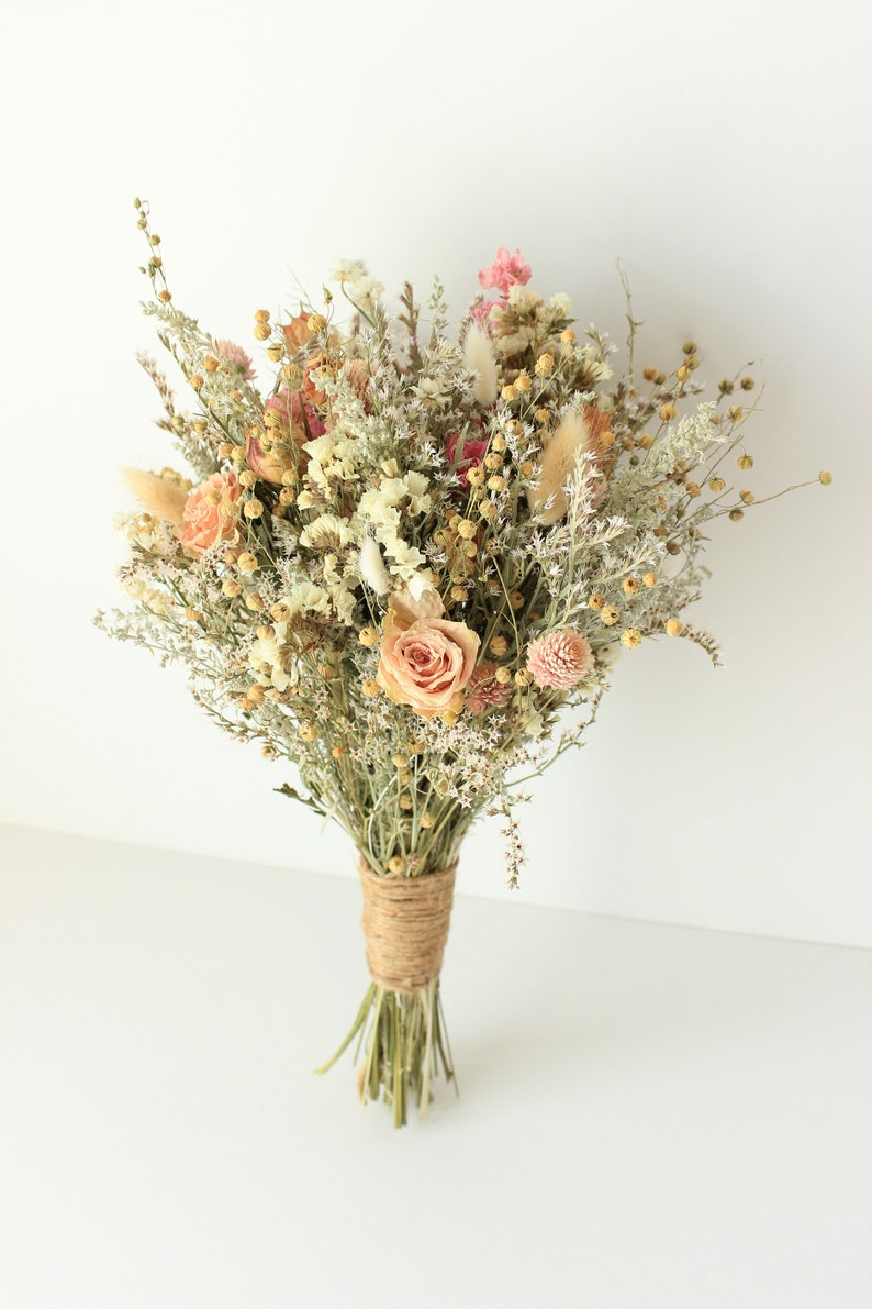 Pink Dream Peach Dried Flowers Bouquet / Preserved Daisy Rose Flowers Bouquet / Wedding Bridal bouquet / Preserved silver grey herbs Natural image 2