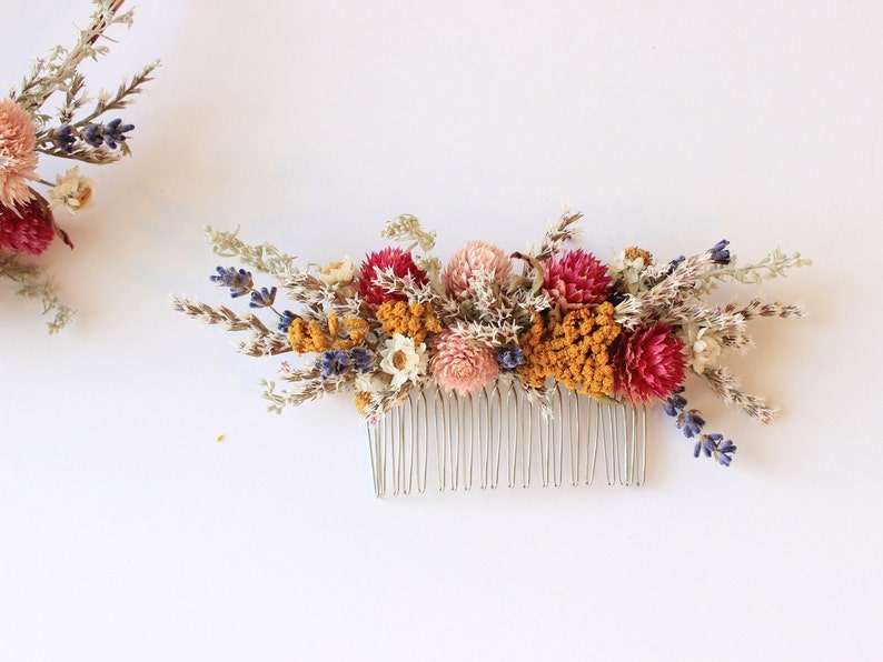 Colorful Pink Blush Purple English Lavender Headpiece / Tropical Flower Crown / Dried Floral Wedding Set Hair Comb with matching boutonniere image 5