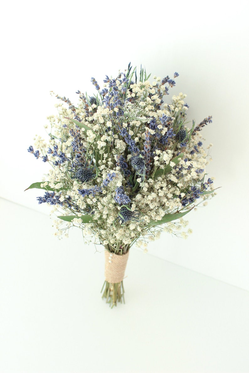 Lavender Blue Thistle Bouquet Wedding / Babies breath bouquet with eucalyptus leaves / Dry lavender Bridesmaid bouquet / Rustic bouquet image 4