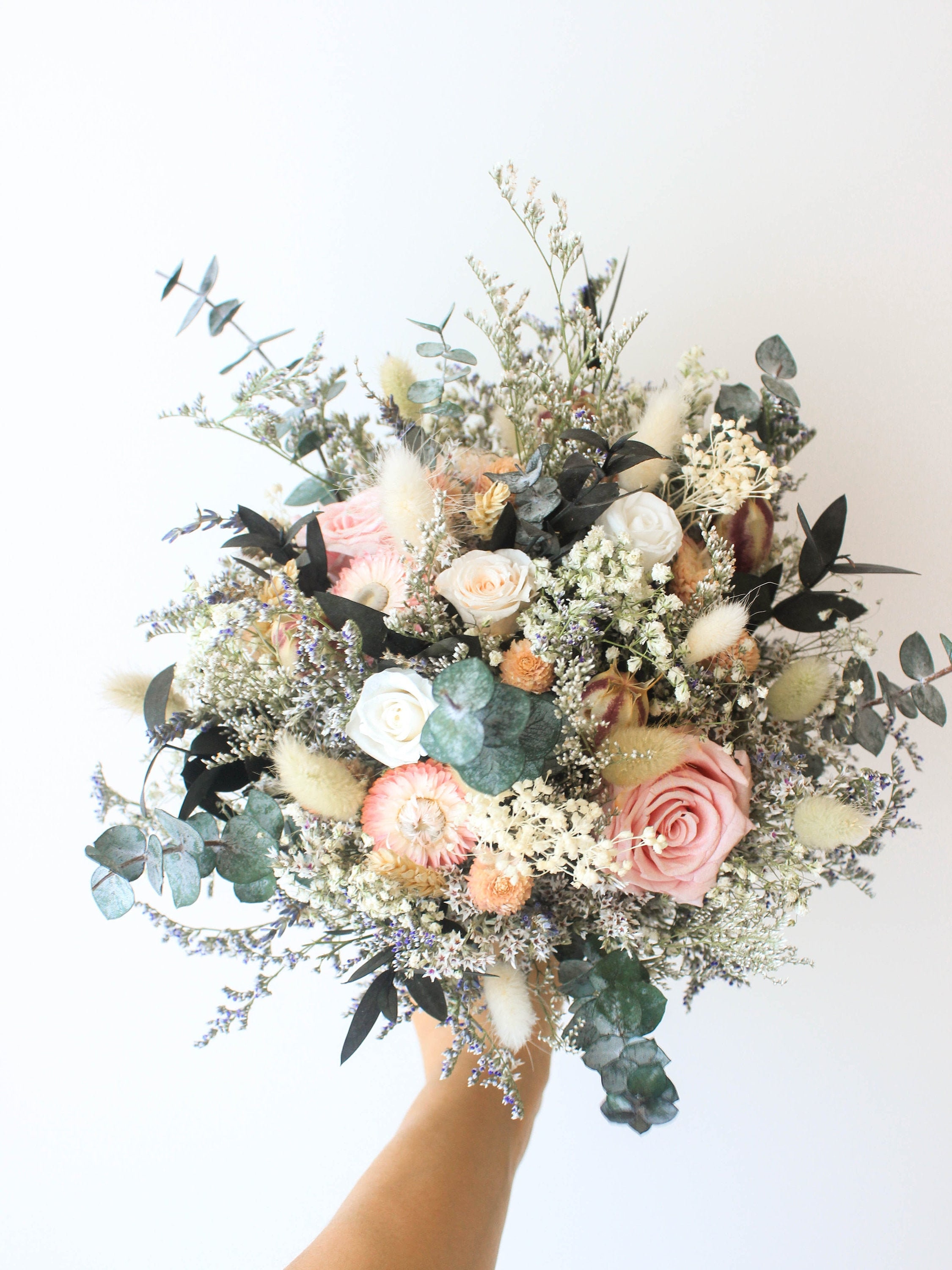 flower girl bouquet,Dusty blue , sage green,white rose, blush,baby’s  eucalyptus,bridesmaids bouquet,flower wedding decorations