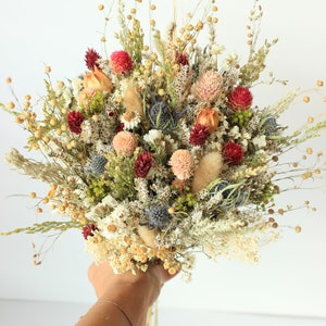 Blue Thistle Burgundy Dried Flowers /Preserved Daisy Flowers Greenery Bouquet /Mix of Blush Peach flowers / Fall Winter Bridal bouquet image 8